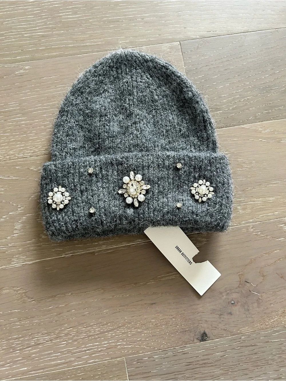Urban Outfitters Gray Knit Beanie with Pearl & Crystal Accents